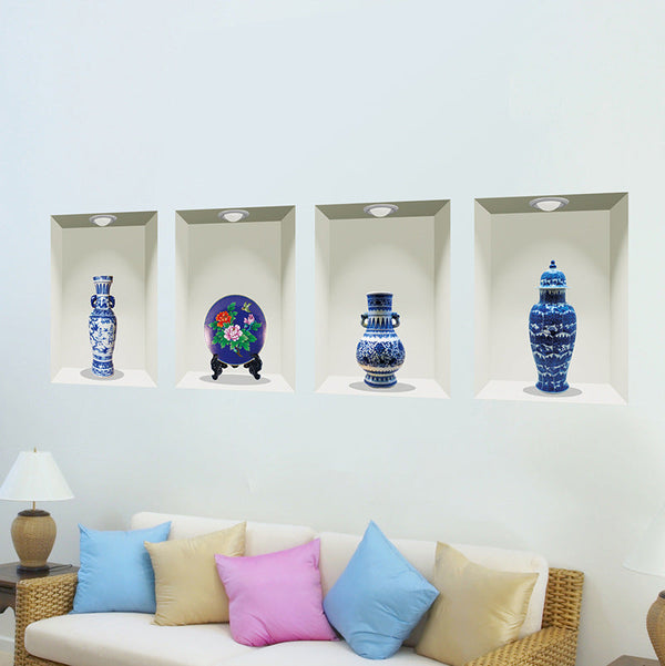 3D realistic blue and white porcelain vase wall stickers for bedrooms and studies, waterproof and moisture-proof.xh1022