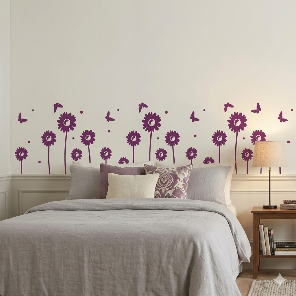 Modern Sunflower Wall Sticker with Flying Butterflies size 22x45