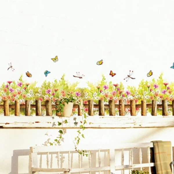 Hyggelig wallsticker med et lille hegn, blomster, sommerfugle mm size  50x70cm Am 7077