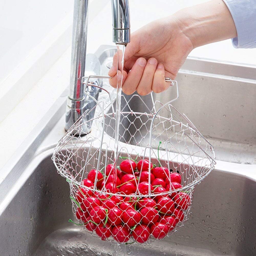 STAINLESS STEEL MULTI-FUNCTIONAL FOLDABLE COOKING Chef Basket Deluxe Kitchen Colander, MESH STEAM RINSE STRAIN FRY BASKET DEEP FRYER