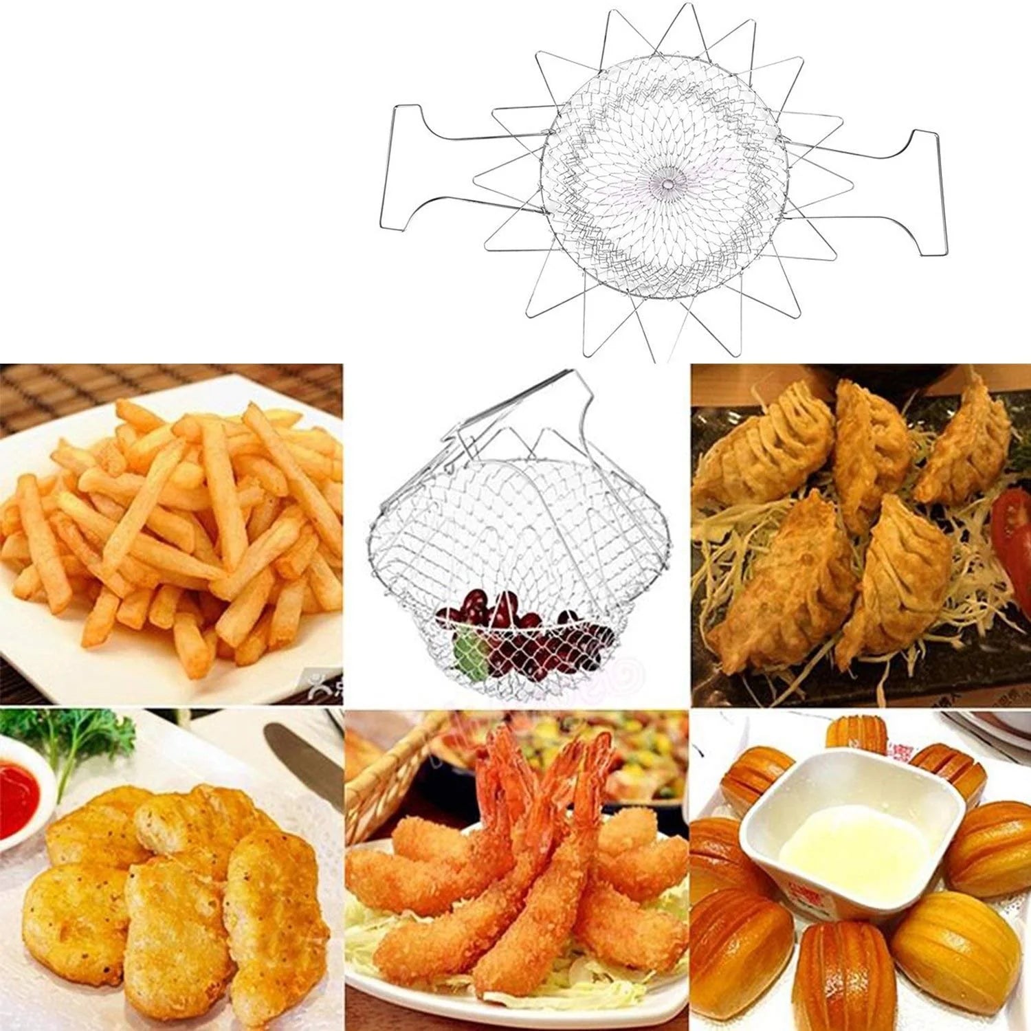 STAINLESS STEEL MULTI-FUNCTIONAL FOLDABLE COOKING Chef Basket Deluxe Kitchen Colander, MESH STEAM RINSE STRAIN FRY BASKET DEEP FRYER