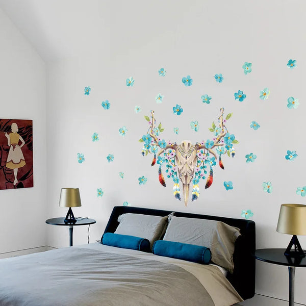 Creative indigenous Mediterranean blue flowers dear head bone elegant wall stickers home decor living room xh9238