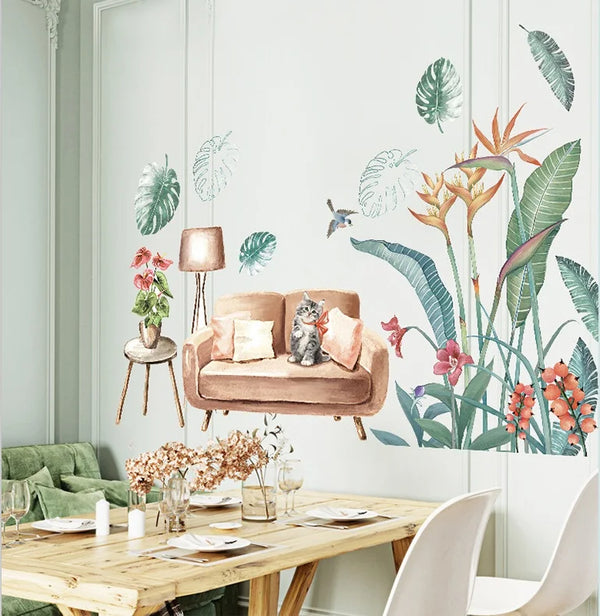 Green tropical plant wallpaper for sofa, cute kitten stickers for bedroom, TV background Sk9388