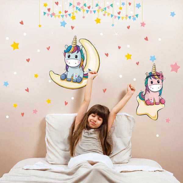 Pink Cartoon Unicorn Wall Sticker Moon and Stars Colorful Flag Wallpaper for Kid's Living Room Bedroom