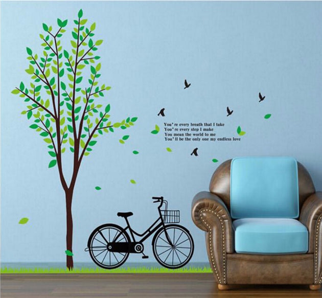 OneHouse Tree Grass Bike Birds Love Poem Wall Sticker Living Room Decoration size 100x140 dm570079ab