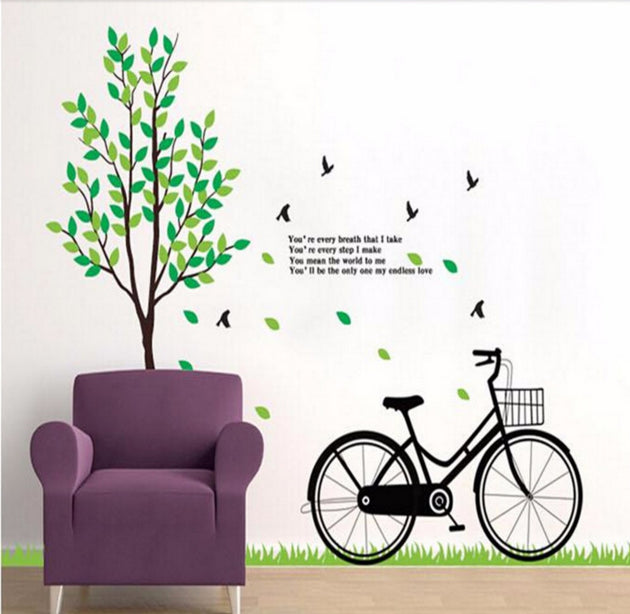 OneHouse Tree Grass Bike Birds Love Poem Wall Sticker Living Room Decoration size 100x140 dm570079ab