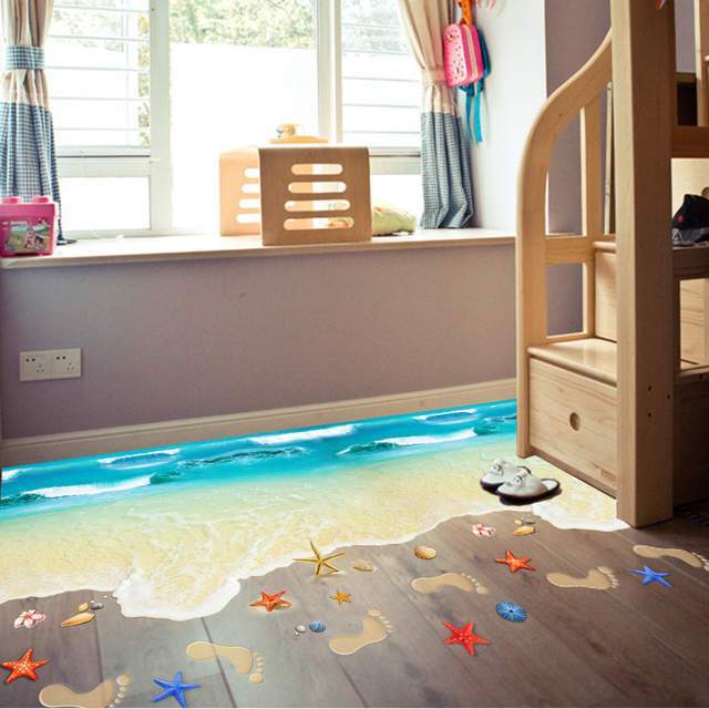 Creative 3D Beach Vinyl Wall Sticker Funny Realistic Art Floor Decals for Kids Rooms Bathroom Home Decor Waterproof XL8300