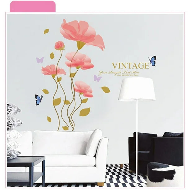 3D Romantic Warm Pink Enchanting Flower Wall Stickers Wall Decal PVC Transparent Film for Living Room Children's Room TV Sofa Background Wall Art Decors