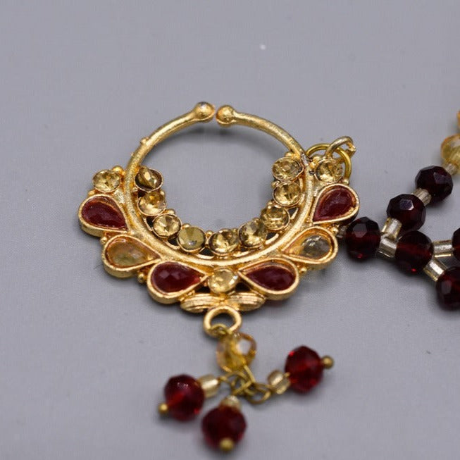 Nose Ring Nath with Chain Piercing & Non piercing mahroon