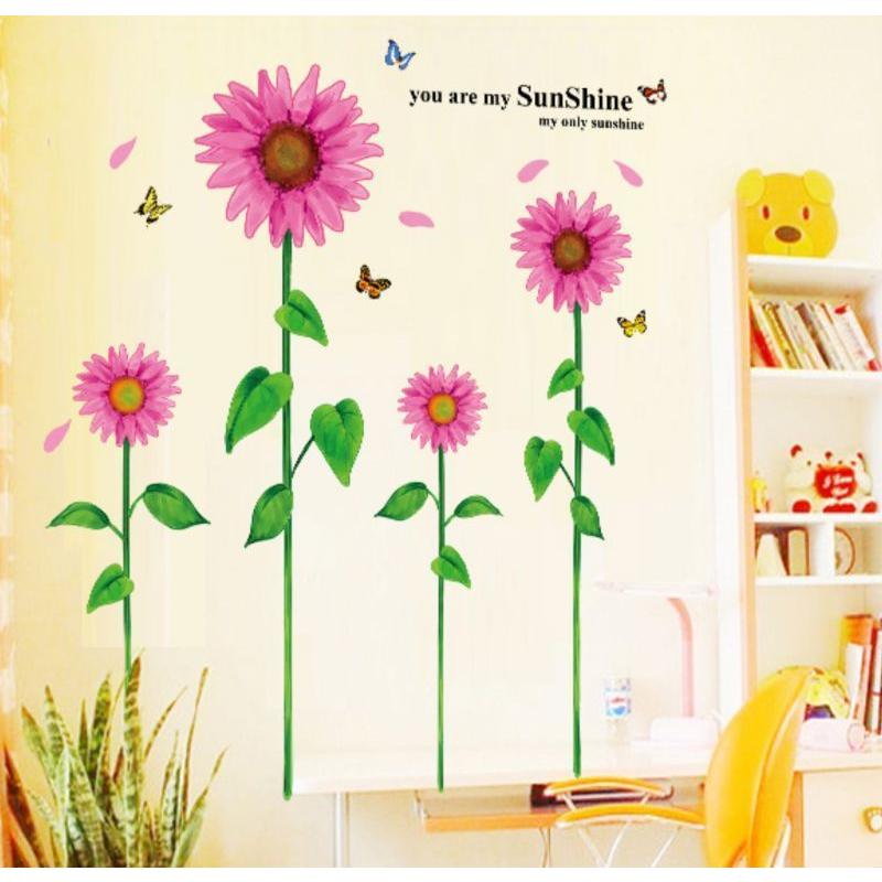 Pink Sunflower Wall Stickers, Wallpaper Stickers, Suitable for Rentals, Peelable, DIY, Redecor, Interior Decor, Sunflower, Butterfly size 60x90 ay1919