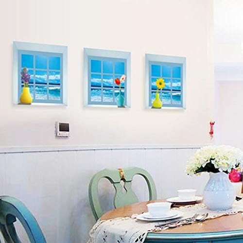 3D simulation sea view landscape Wall stickers set of 3 window frame Flower vase pattern Wall stickers size 30x120 z-003