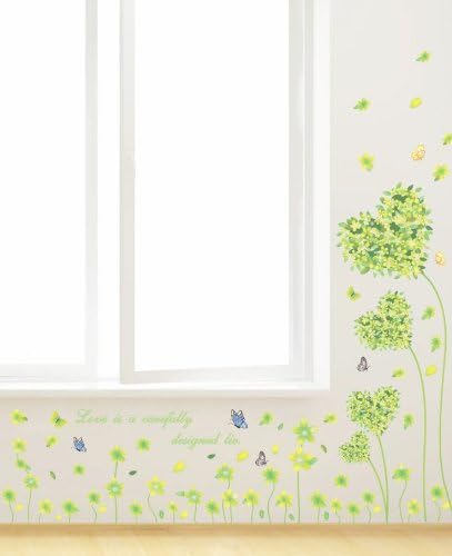 Heart Green Leaf Butterfly Wall Sticker Wall Paper Sticker Renewal Removable Stylish Cute Flower Grass Plant Butterfly Children's Room Decor Present size 50x7 am7047