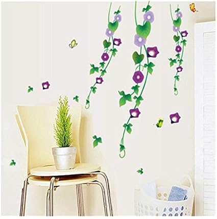 Morning Glory Hanging Vines Flowers Wall Stickers - Green Plants Leaves Floral Wall Decals - Bedroom Living Room Sofa TV Background Home Wall Decor size 50x70 ay7135