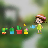 Removable wall sticker potted fresh plant living room bedroom cartoon girl wall sticker size 30x45 xh3212