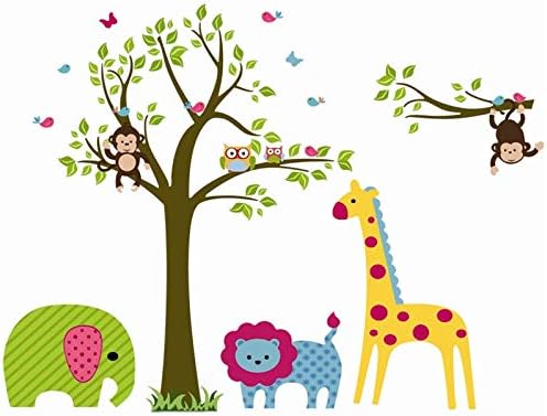 Rebate Fan Big Colorful Tree and Jungle Animal  Wall Sticker Nursery Bedroom Wall Art Decor Cute Giraffe Monkey Owl Tree Art Wall Stickers Kids Room Removable Decal Baby Bedroom Wall Art by Df5071