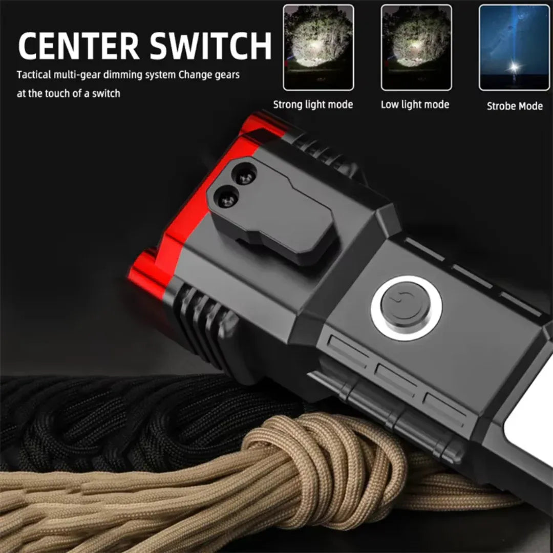 High-Power LED Torch Light – Rechargeable Flashlight with Tactical Hammer & Power Bank With Box, Random color
