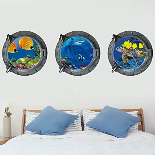 DNVEN Porthole Wall Decals Tropical Fishes Stickers 3D Under the Sea Ocean World Shark Sea Turtles Window View Faux Submarine Removable Murals for Bedrooms Boys Room Decor 13 inches x 13 inches x 3pcs z-1-004