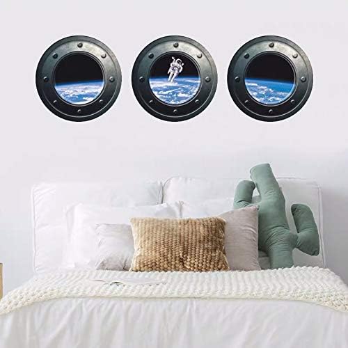 DNVEN 13 inches x 13 inches x 3pcs Set of 3 3D Astronaut Spaceman Galaxy Space Window View Faux Submarine Window Partial Frosted Frosting Murals Wall Decals Removable Wall Stickers for Bedrooms 30x90cm z-1-002