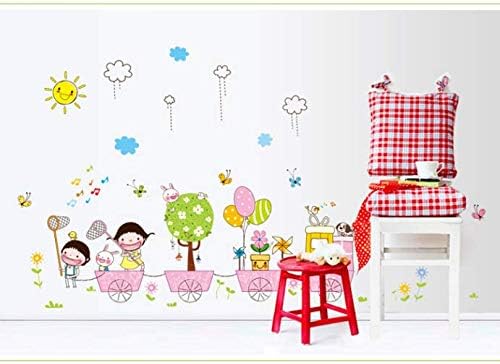 Cartoon girl rabbit balloon butterfly wallpaper flower windmill sun wall stickers children room classroom kindergarten wallpaper living room bedroom wall sticker size 50x70 ay7060