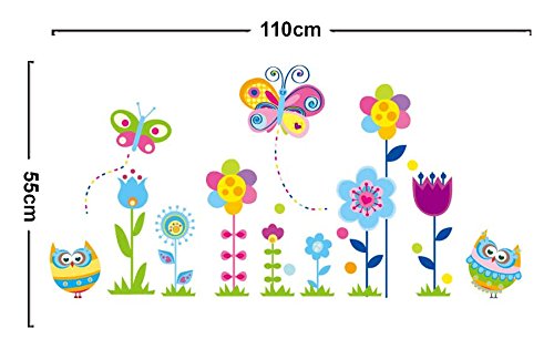 Cartoon Owls Butterflies and Flowers Wall Decals, Children's Room Nursery Removable Wall Stickers Murals size 60x90 jm5116