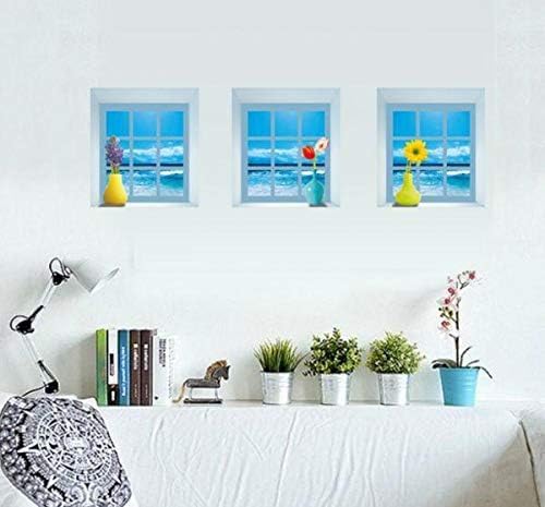 3D simulation sea view landscape Wall stickers set of 3 window frame Flower vase pattern Wall stickers size 30x120 z-003