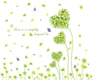 Heart Green Leaf Butterfly Wall Sticker Wall Paper Sticker Renewal Removable Stylish Cute Flower Grass Plant Butterfly Children's Room Decor Present size 50x7 am7047