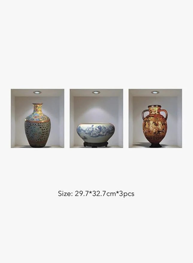 pack of 3 3D Simulation Ceramic Vase Wall Stickers Living Room Bedroom Decoration Sticker PVC Material Self-adhesive Environmental Protection Removable Decor Wallpaper size 50x90cm Z002