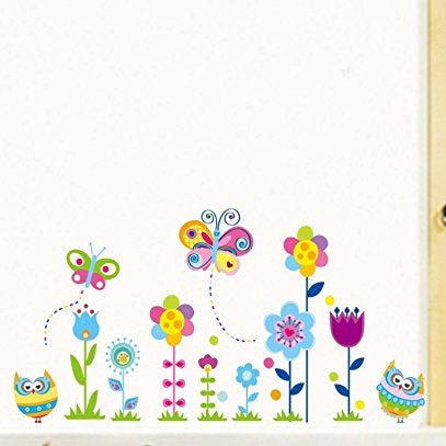 Cartoon Owls Butterflies and Flowers Wall Decals, Children's Room Nursery Removable Wall Stickers Murals size 60x90 jm5116