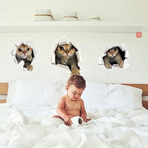 Sks6071 3PCS 3D Cats Wall Sticker Cartoon Animal Hole View Decals Removable DIY Decoration Pet Love for Baby Kids Nursery Room Kitchen Living Room Bedroom Bathroom