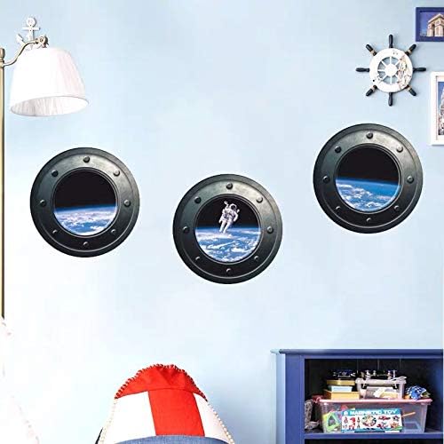 DNVEN 13 inches x 13 inches x 3pcs Set of 3 3D Astronaut Spaceman Galaxy Space Window View Faux Submarine Window Partial Frosted Frosting Murals Wall Decals Removable Wall Stickers for Bedrooms 30x90cm z-1-002
