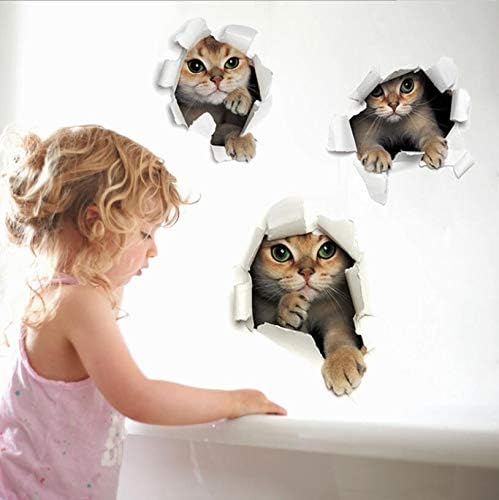 3PCS 3D Cats Wall Sticker Cartoon Animal Hole View Decals Removable DIY Decoration Pet Love for Baby Kids Nursery Room Kitchen Living Room Bedroom Bathroom size 50x70 sk6071