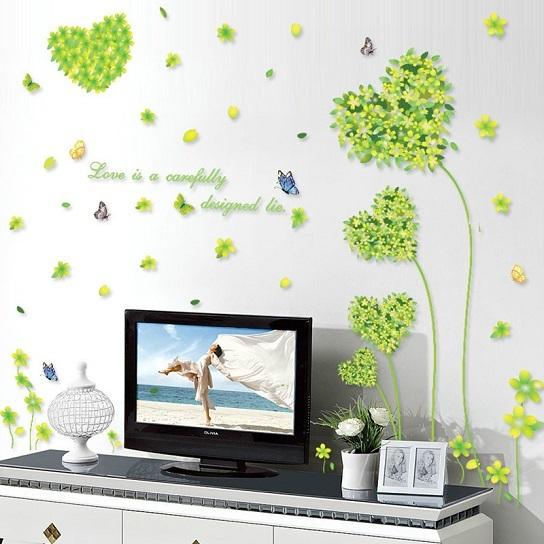 Heart Green Leaf Butterfly Wall Sticker Wall Paper Sticker Renewal Removable Stylish Cute Flower Grass Plant Butterfly Children's Room Decor Present size 50x7 am7047