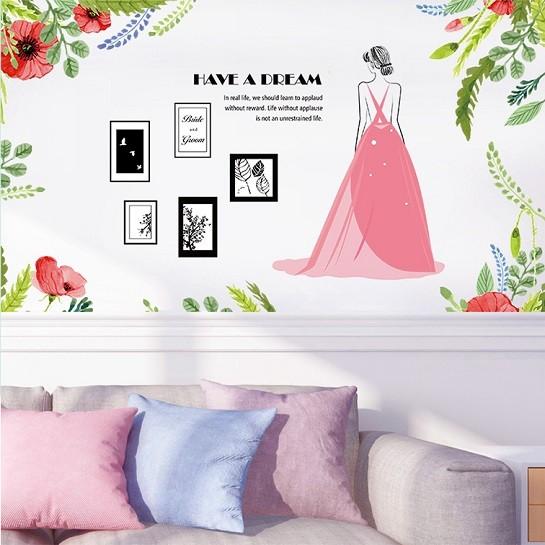 Bride and Poppy Wall Sticker, Photo Frame, Bridal Poppy Flower, Dreamy Dress, Woman size60x90 sk9353