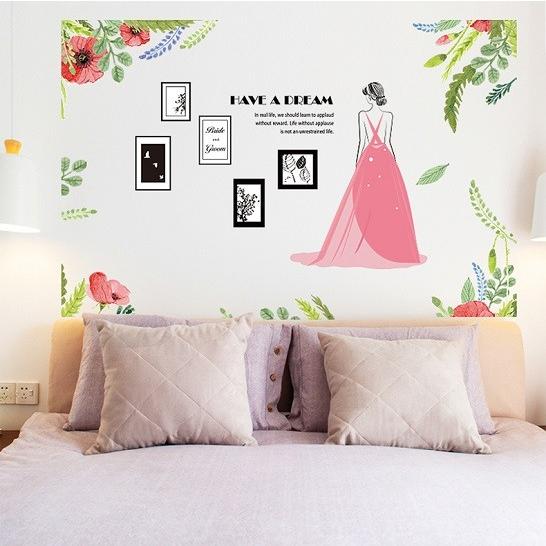 Bride and Poppy Wall Sticker, Photo Frame, Bridal Poppy Flower, Dreamy Dress, Woman size60x90 sk9353