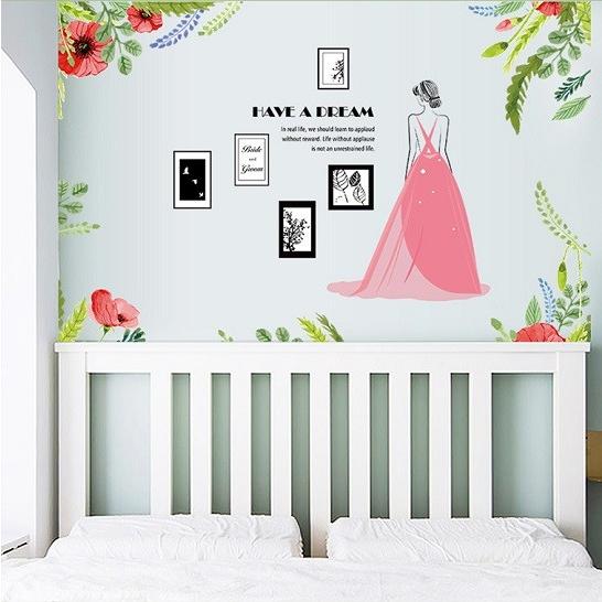 Bride and Poppy Wall Sticker, Photo Frame, Bridal Poppy Flower, Dreamy Dress, Woman size60x90 sk9353