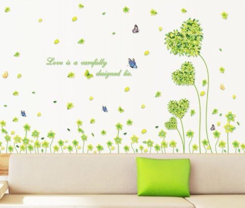 Heart Green Leaf Butterfly Wall Sticker Wall Paper Sticker Renewal Removable Stylish Cute Flower Grass Plant Butterfly Children's Room Decor Present size 50x7 am7047
