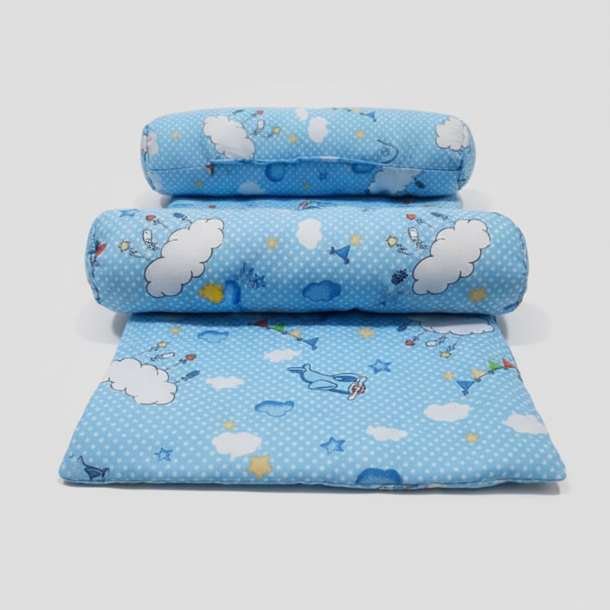 Sleep Support Set – Soft Cotton Quilted Mattress with Dual Side-Positioning Bolster Pillows | Sky Blue Cloud & Aviation Theme