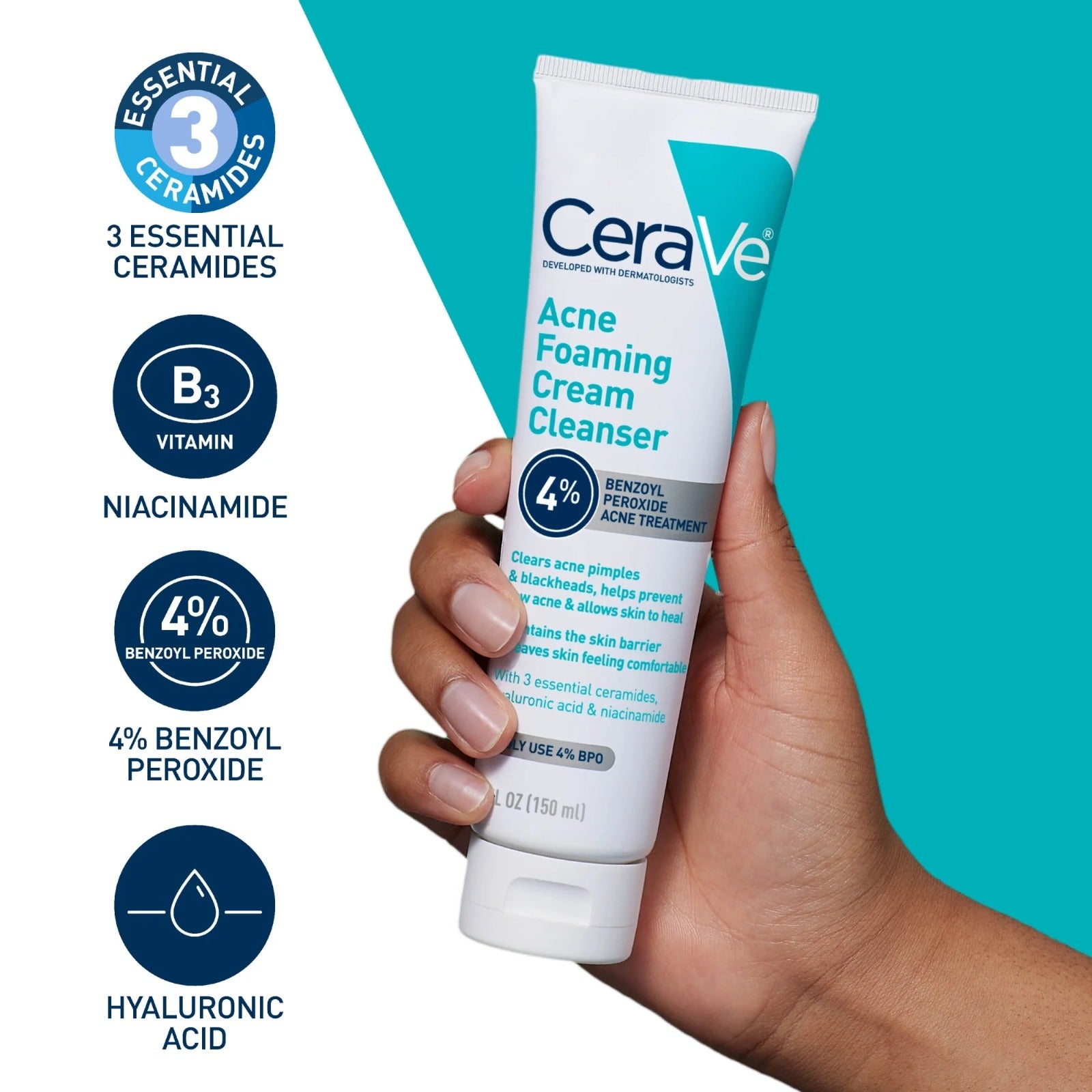 CeraVe Acne Foaming Cream Cleanser – 4% Benzoyl Peroxide Treatment 120ml