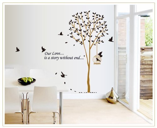 OneHouse Our Love is A Story Without End Quote Tall Tree with Birds Wall Decal Leaves Wall Sticker Decor