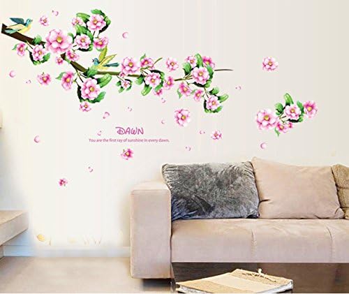 Wall Decal Pink Flowers Green Leaves Lovely Birds Home Sticker Ay7206