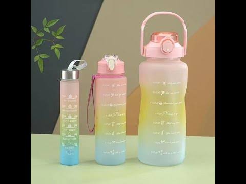 3-Piece Motivational Water Bottle Set with Time Markers & Straw – Leak-Proof, BPA-Free Frosted Gradient Ombre Jugs (2L, 900ml, and 300ml) for Fitness, Gym, and Outdoor Sports