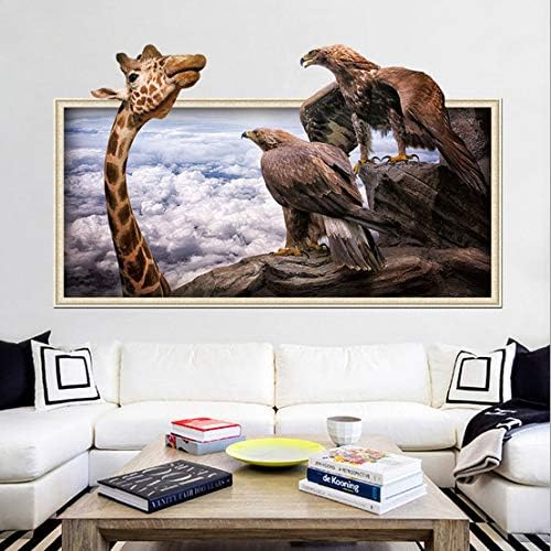 Eagles Stare at Giraffe Clouds Fake Window Frame Animals Wall Stickers Xh7239