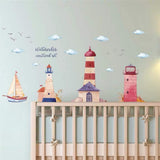 HM92019 Watercolor Lighthouse Wall Stickers Sailing Clouds Wall Sticker