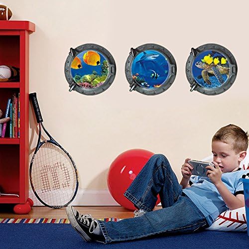 DNVEN Porthole Wall Decals Tropical Fishes Stickers 3D Under the Sea Ocean World Shark Sea Turtles Window View Faux Submarine Removable Murals for Bedrooms Boys Room Decor 13 inches x 13 inches x 3pcs z-1-004