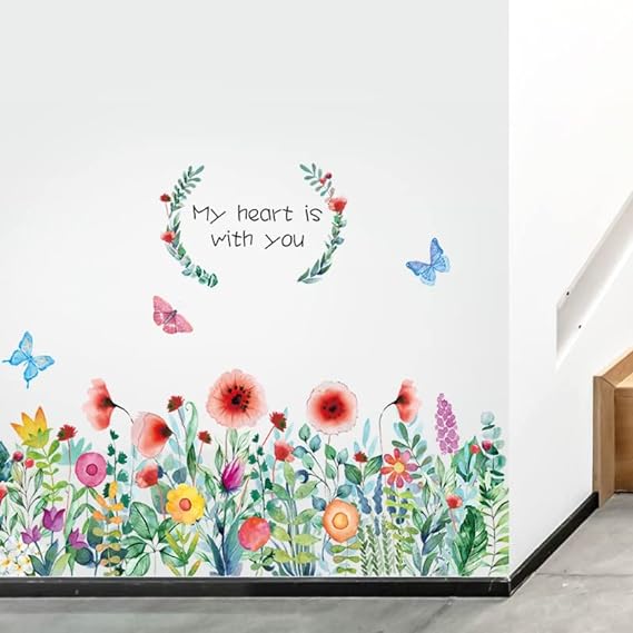 Ht94014 JAAMSO ROYALS Colourful Blooming Flower with Coloured Butterfly Wall Stickers for Living Room Flowers, Floral Wall Stickers, Flower Sticker, Nature Wall Stickers (90 CM X 60 CM)