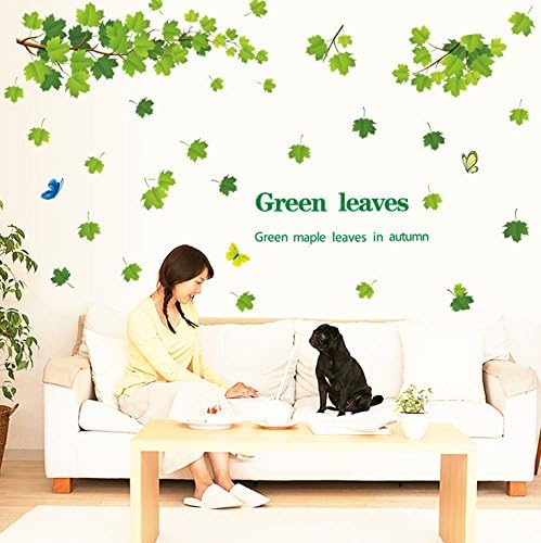 Green Maple Leaves and Butterflies Wall Decals, Living Room Bedroom Removable Wall Stickers Mural size 60x90  ay9145