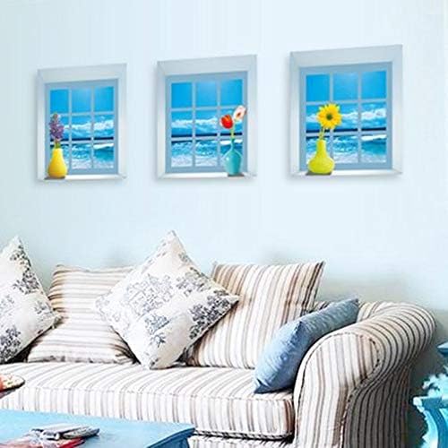 3D simulation sea view landscape Wall stickers set of 3 window frame Flower vase pattern Wall stickers size 30x120 z-003