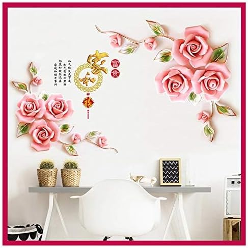 XXL Roses Pink Rose Flowers Wall Sticker  Mural Pictures Floral Butterfly Wall Art Decor for Living Room Bedroom Sofa  Decoration GS9602 Size: 60x90cm
