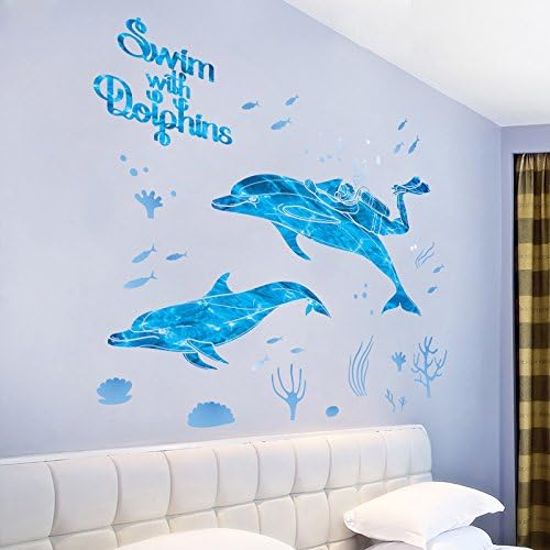 DNVEN DIY 39 inches x 32 inches Divers Swim with Dolphins Animals Wall Stickers Decals Decorations for Children Nursery Kids Room size 50x70 xls7205