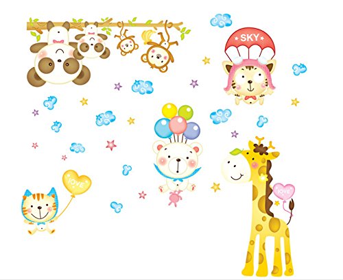Happy Day Animals Baby Safari Hanging Bears and Monkeys Wall Decals Blue Coulds Heart Ballon Removable Toddlers Room  size 60x90 ay9182